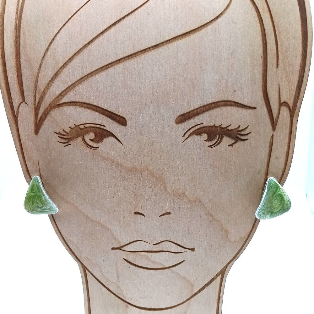 Vintage Triangle Green Enamel Stud Earrings With Silver-Tone Setting